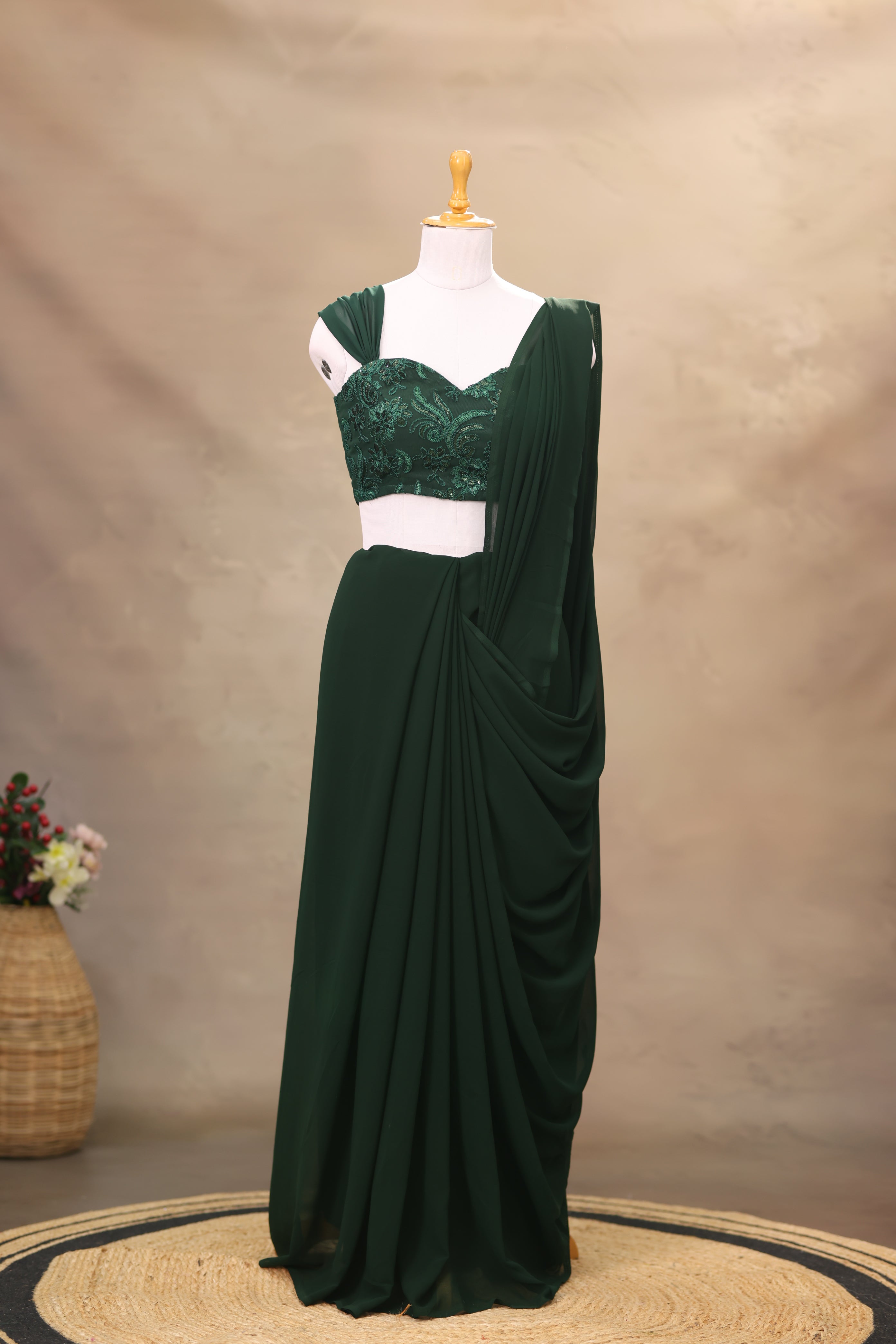 Bottle Green Georgette saree