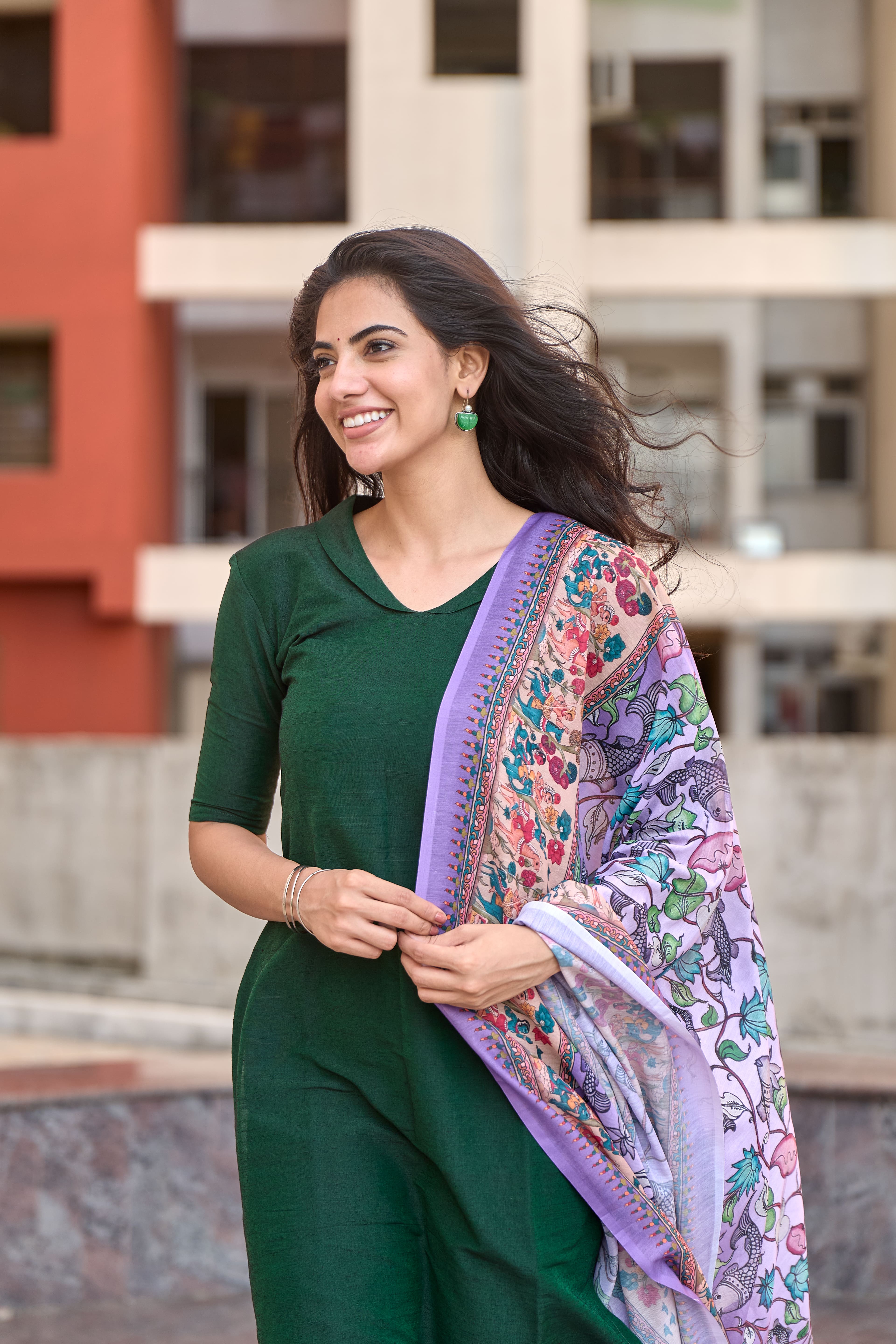 Bottle Green Cotton Kurti with Pure Mul Printed Dupatta