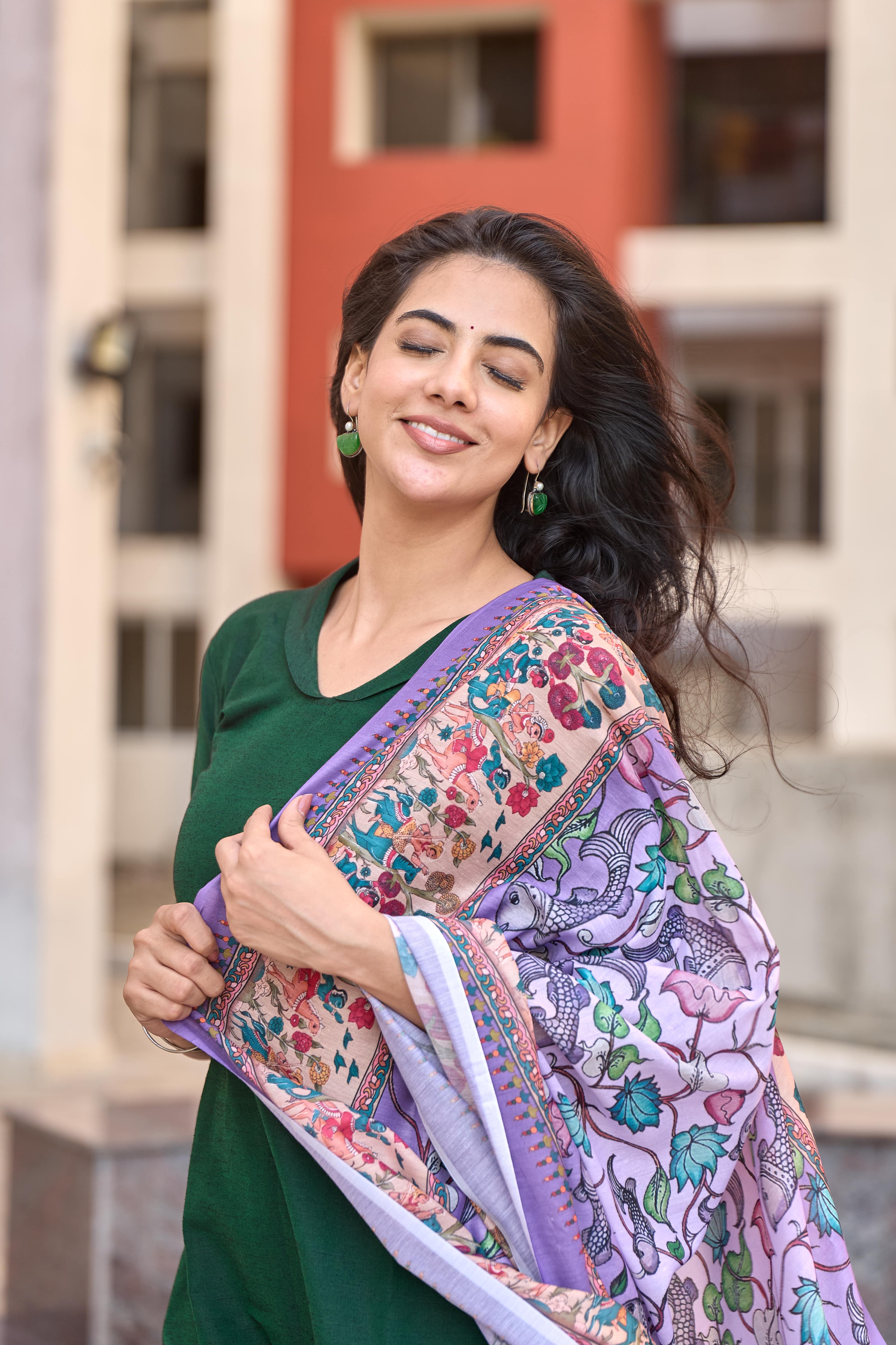 Bottle Green Cotton Kurti with Pure Mul Printed Dupatta