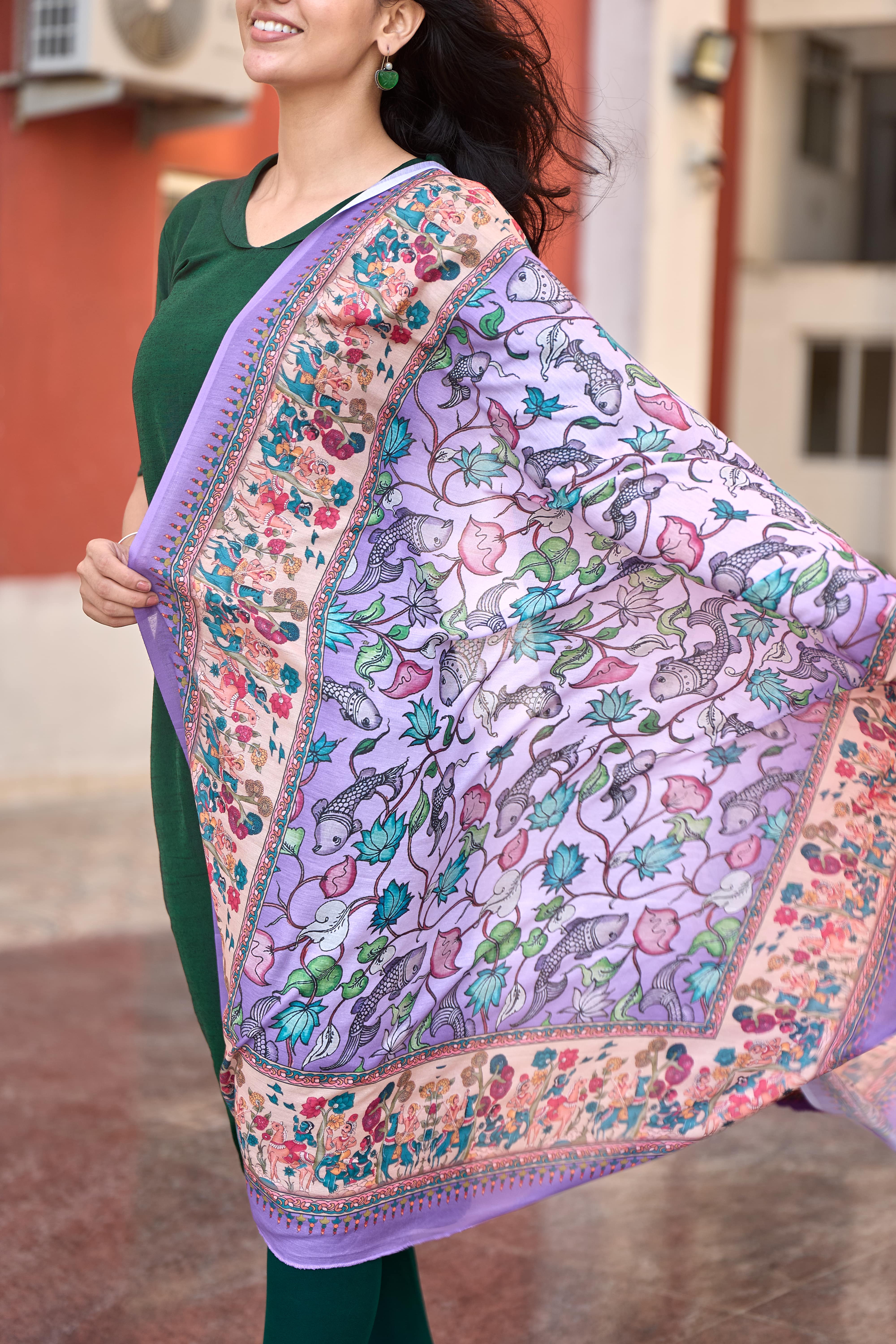 Bottle Green Cotton Kurti with Pure Mul Printed Dupatta