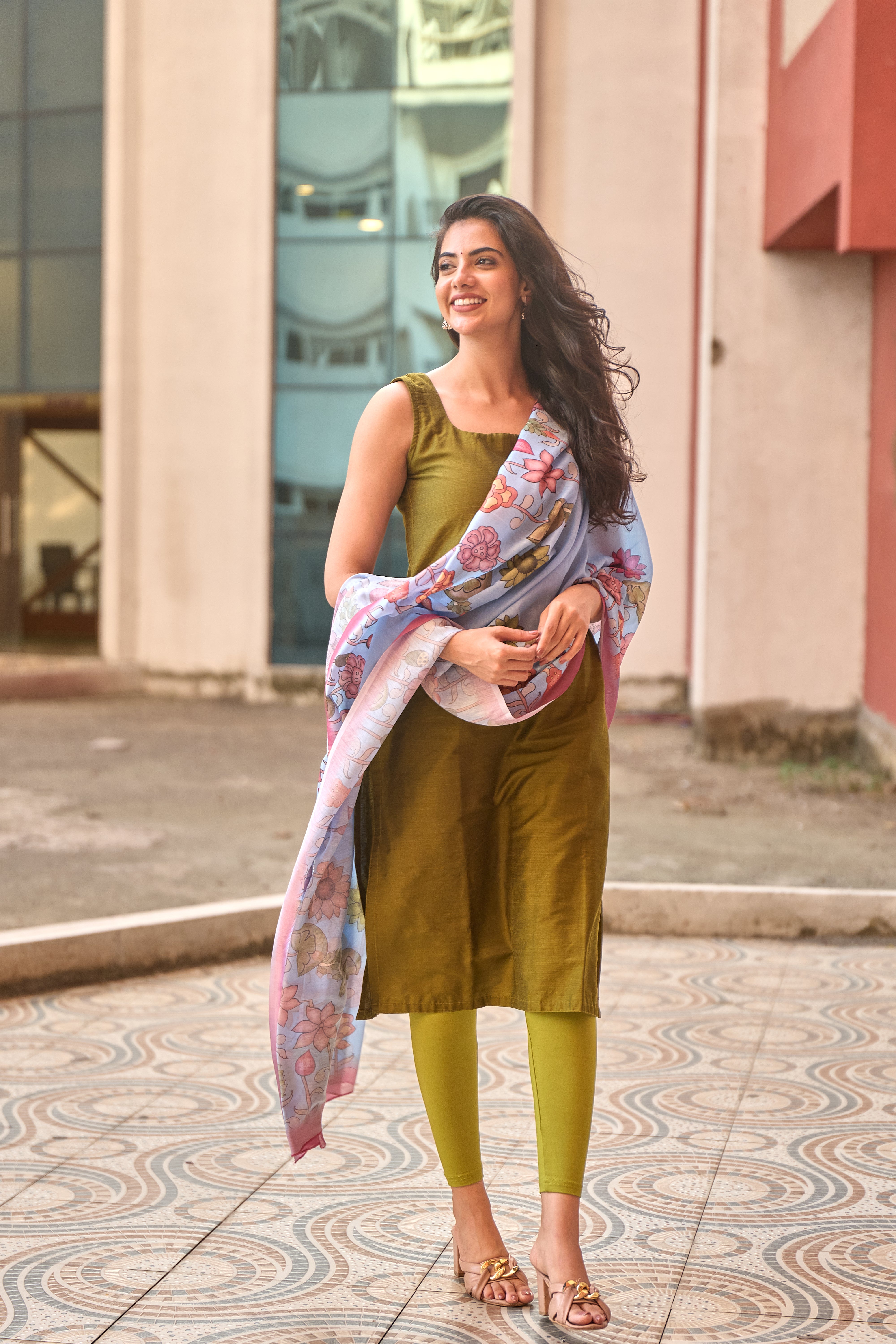 Mehendi Green Cotton Kurti with Pure Mul Printed Dupatta