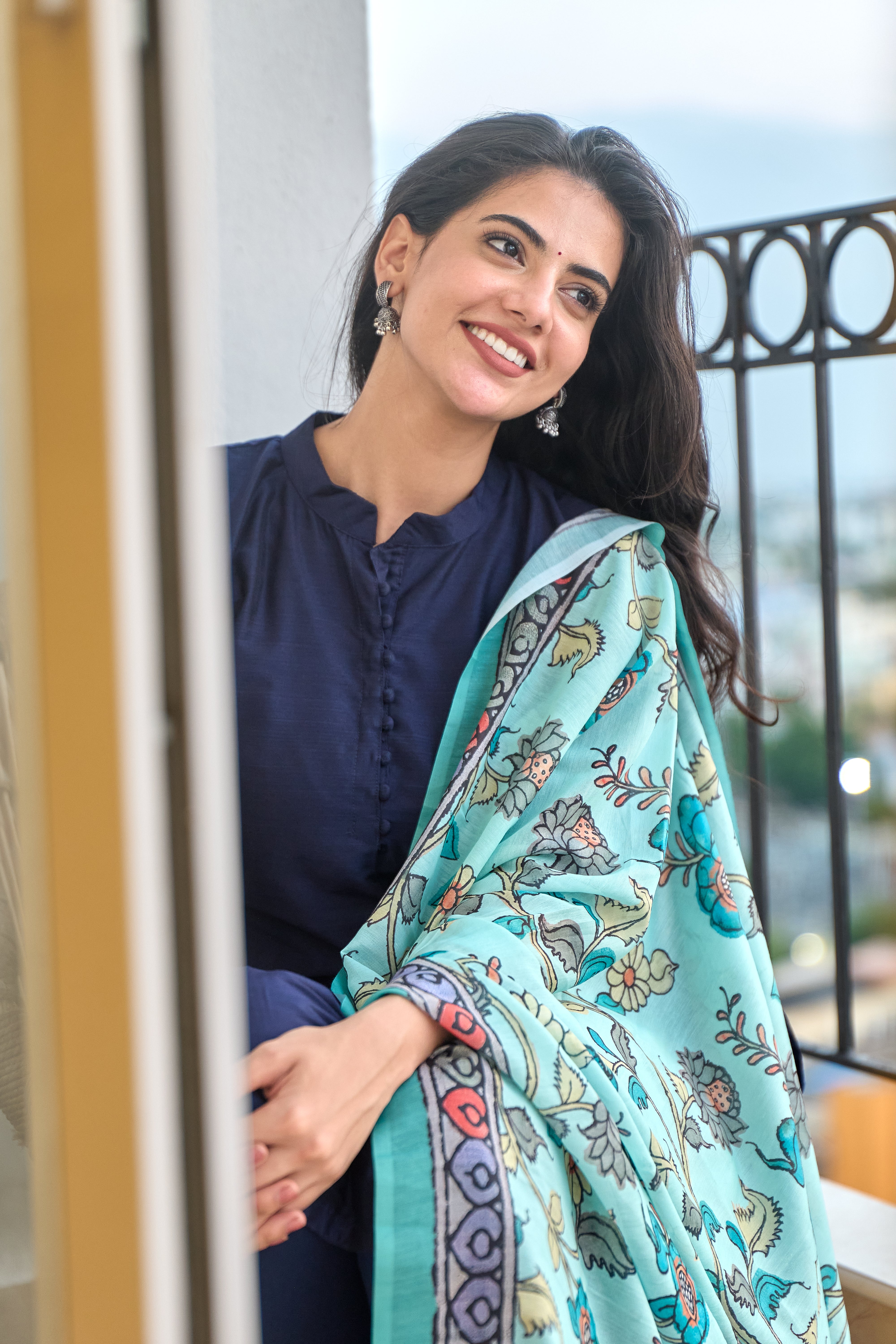 Navy Blue Cotton Kurti with Pure Mul Printed Dupatta