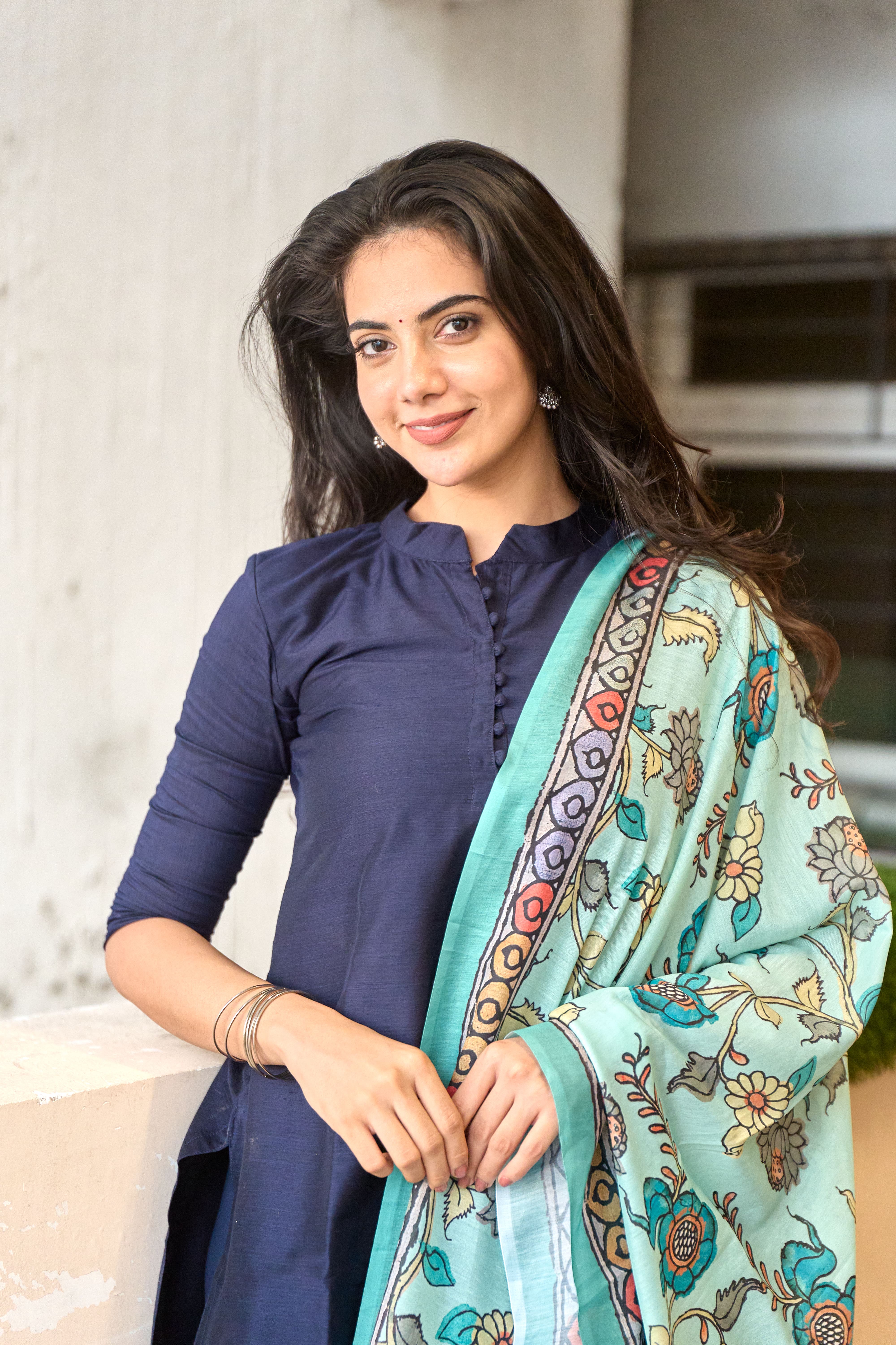 Navy Blue Cotton Kurti with Pure Mul Printed Dupatta