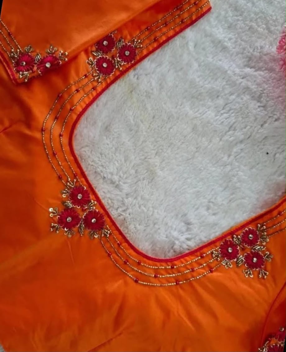 Bright Orange Floral Hand Embroidery Designer Blouse