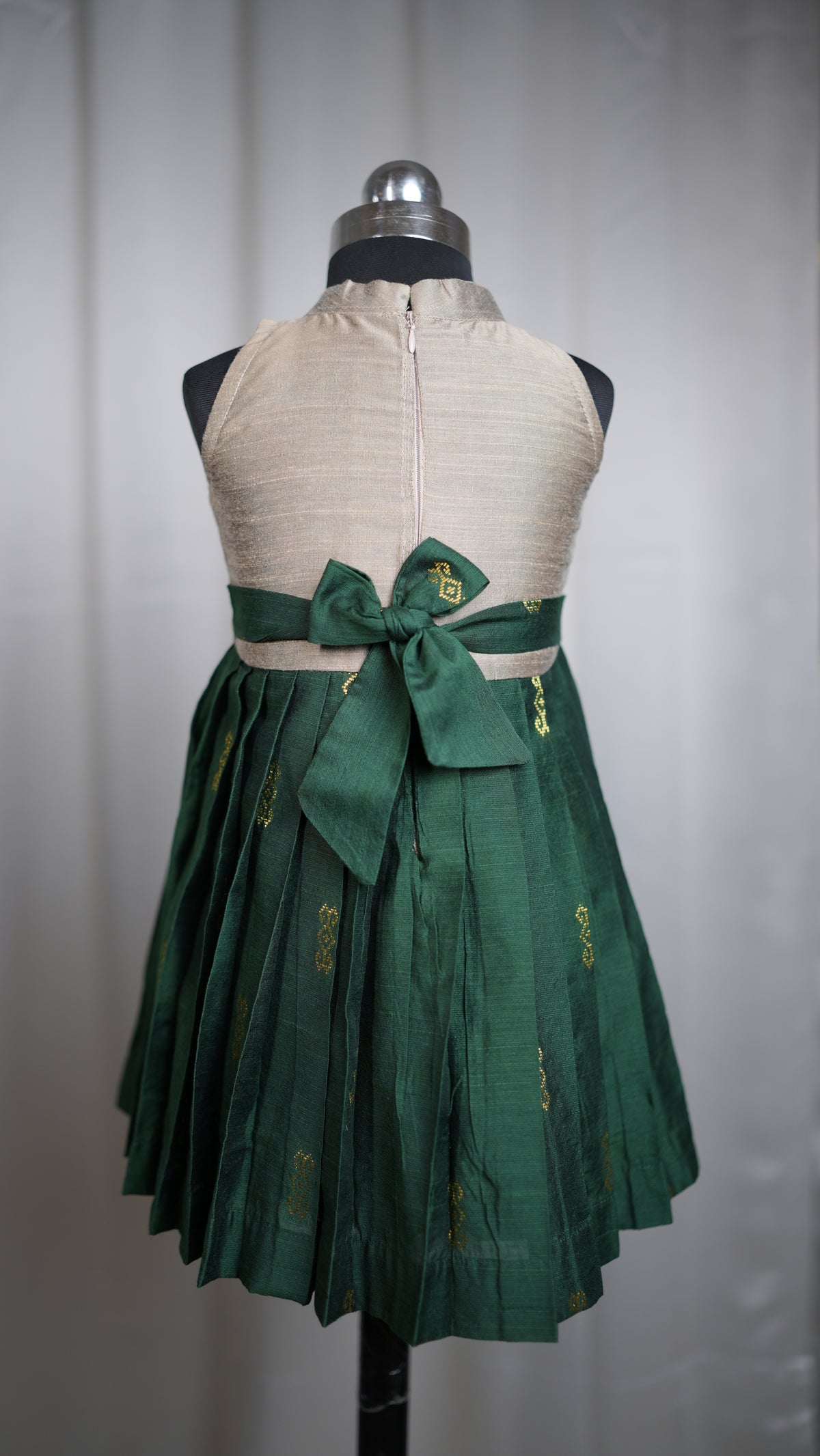 Green and Oyster Grey Raw Silk Kid Frock