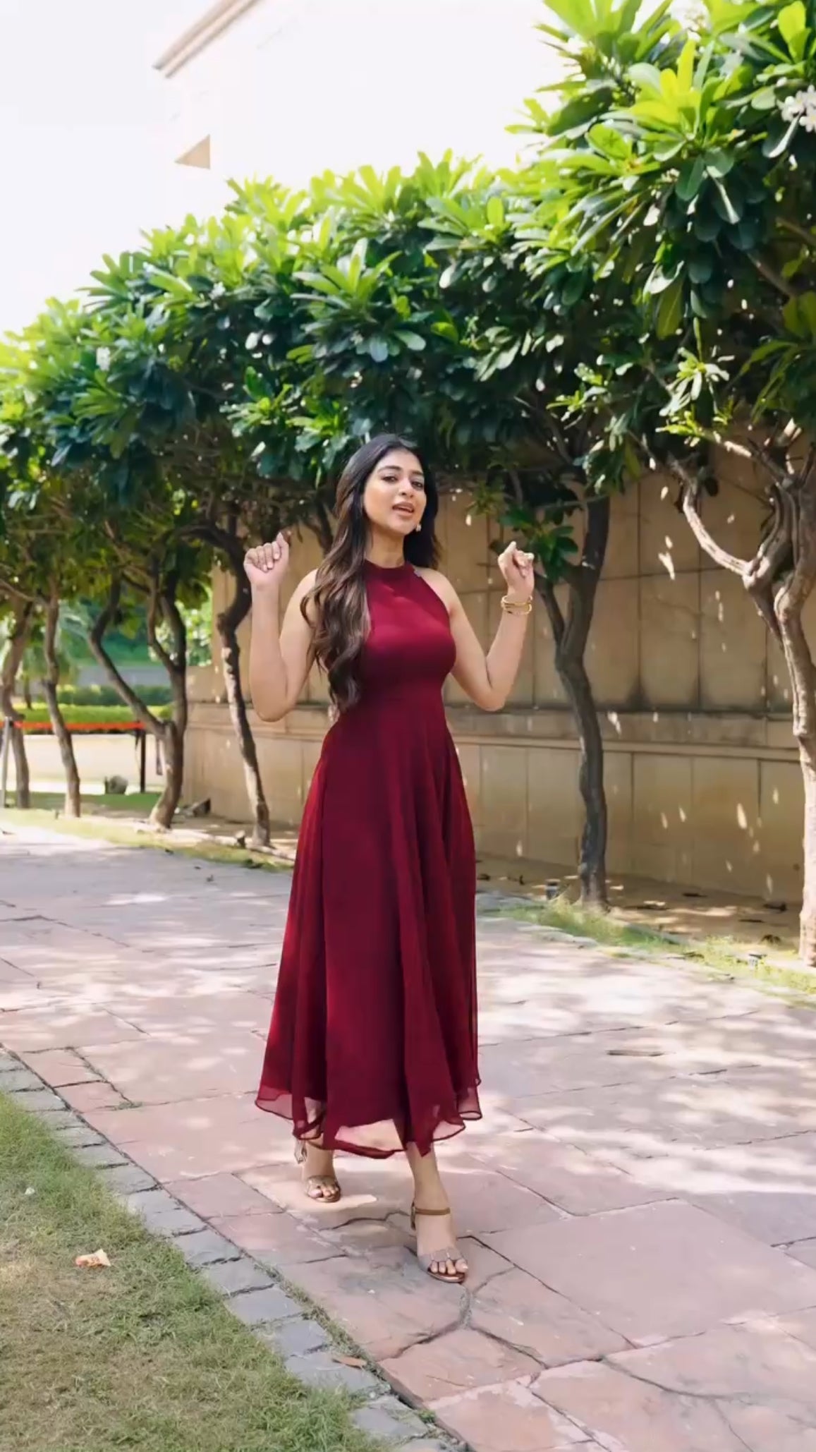 Maroon Georgette Halter neck frock