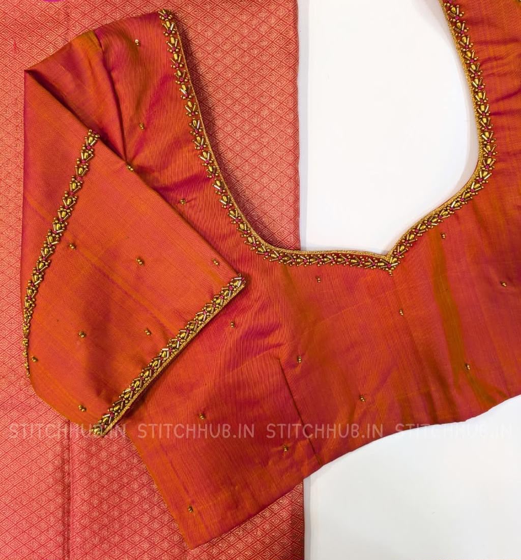 Rust Orange Hand Embroidery Silk Designer Blouse