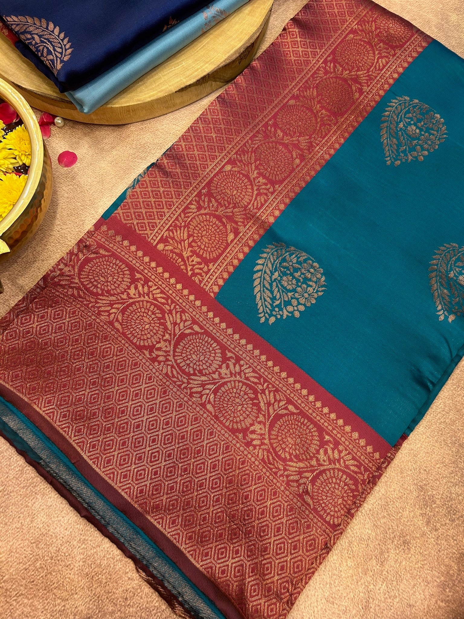 Teal Lichi silk saree