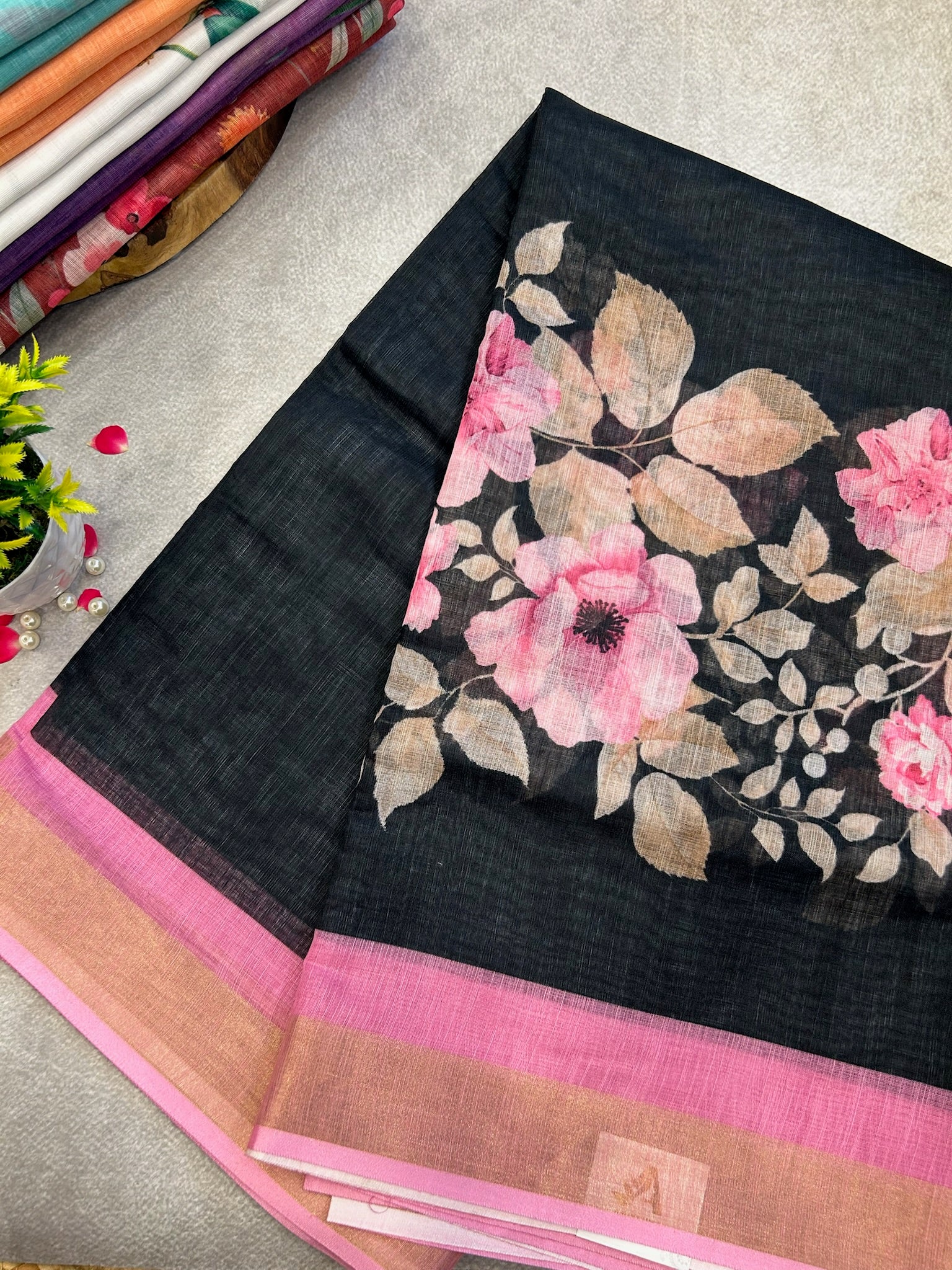 Black Digital Print Linen saree