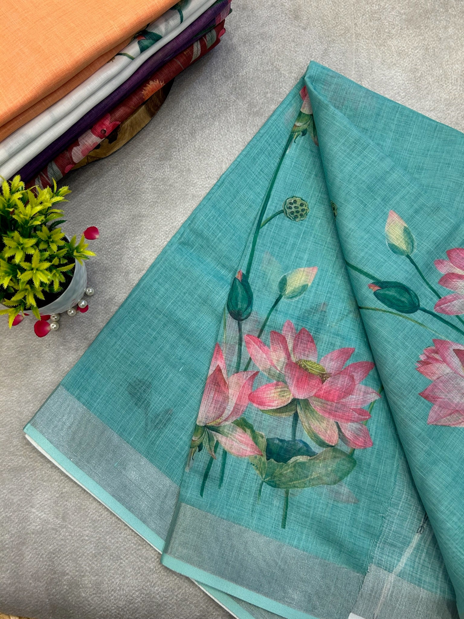 Surf Green Digital Print Linen saree