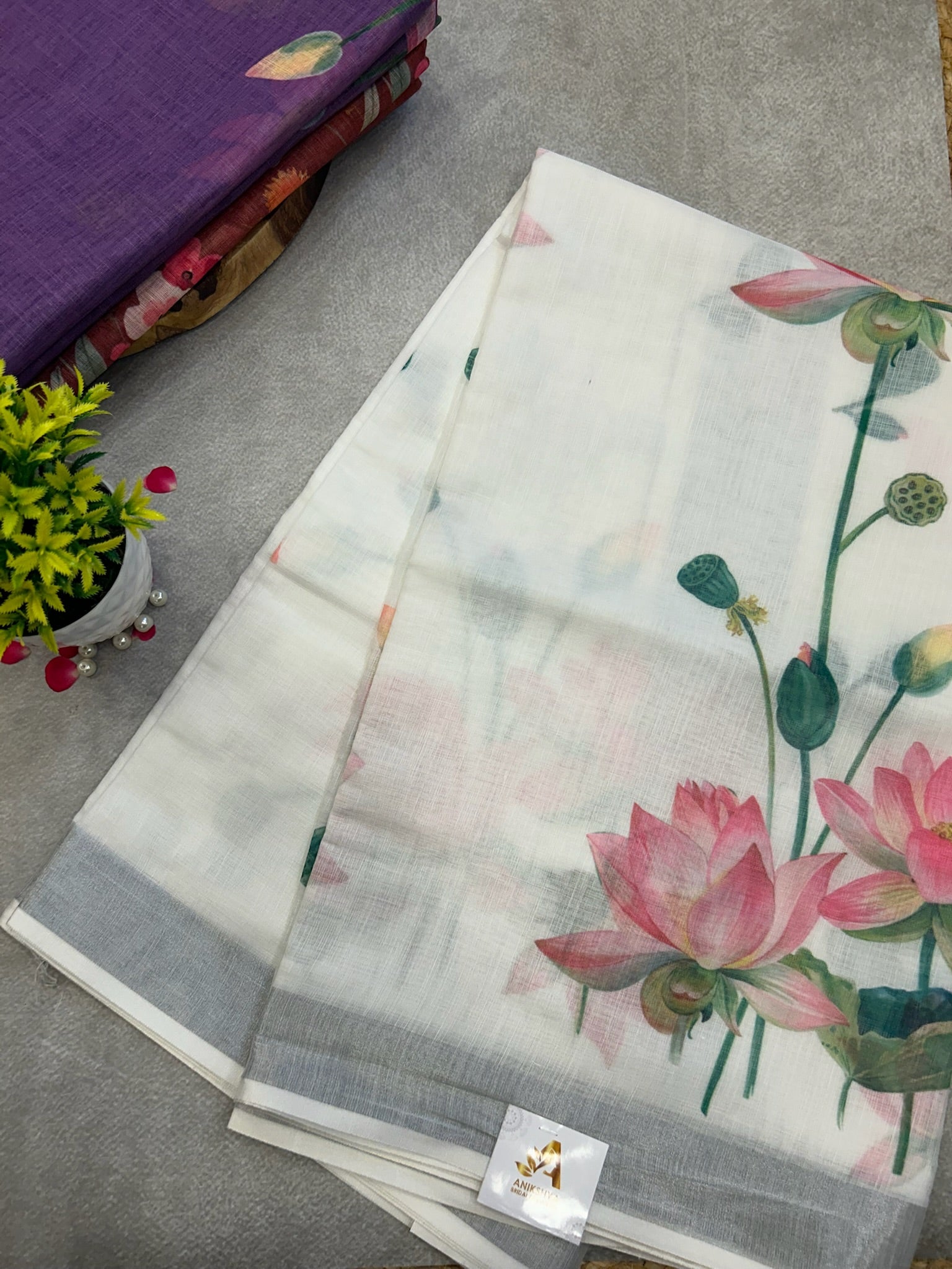 White Digital Print Linen saree