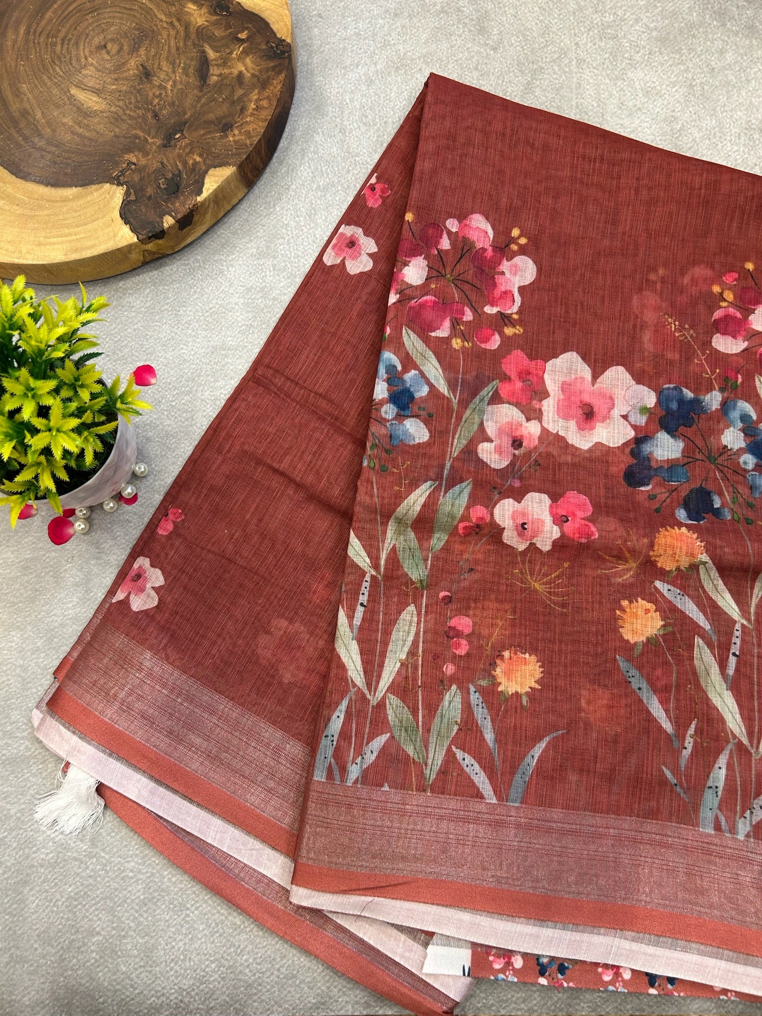 Rust Orange Digital Print Linen saree