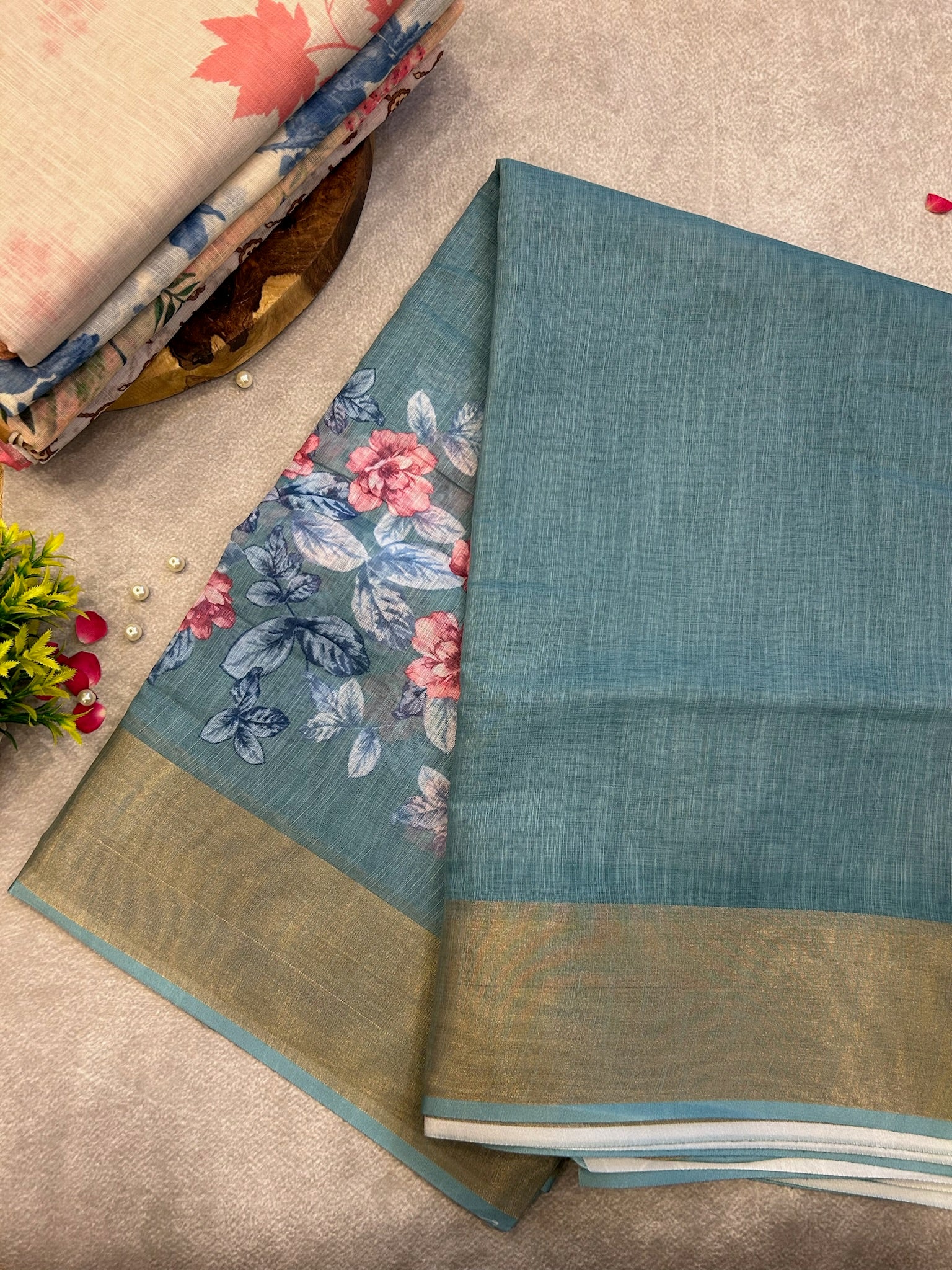 Ash Blue Digital Print Linen saree