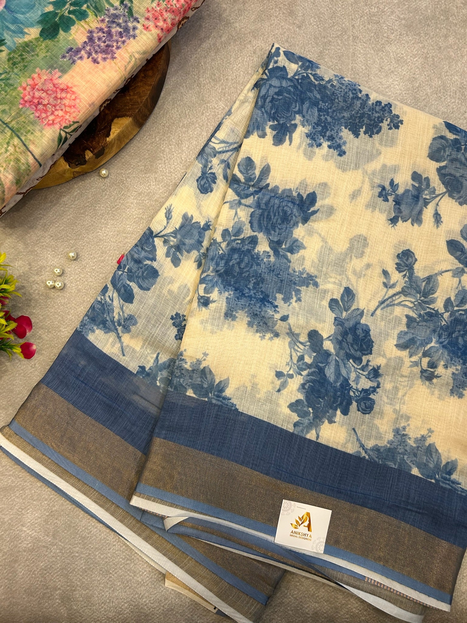 Indigo Blue Digital Print Linen saree