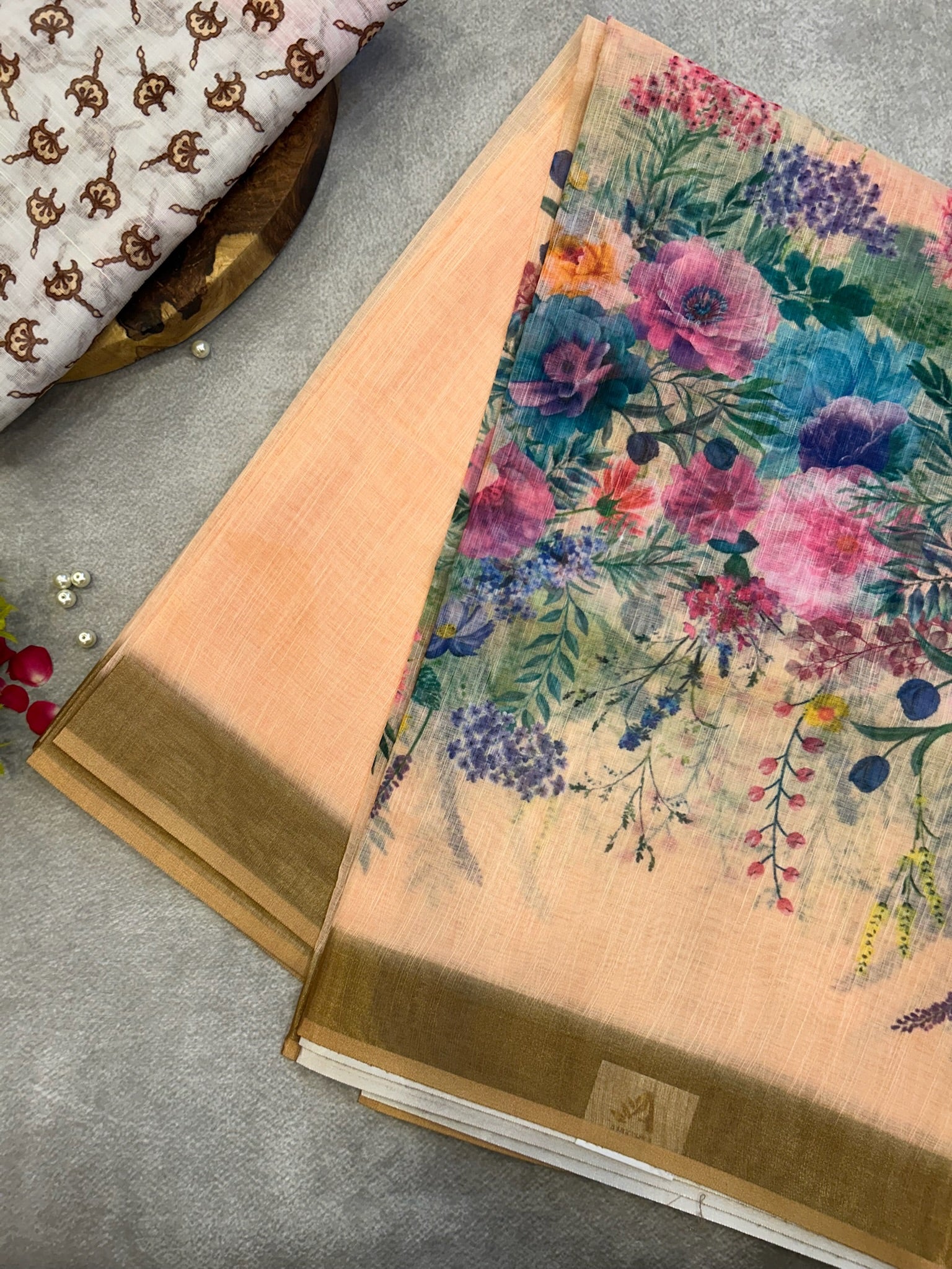 Peach Digital Print Linen saree