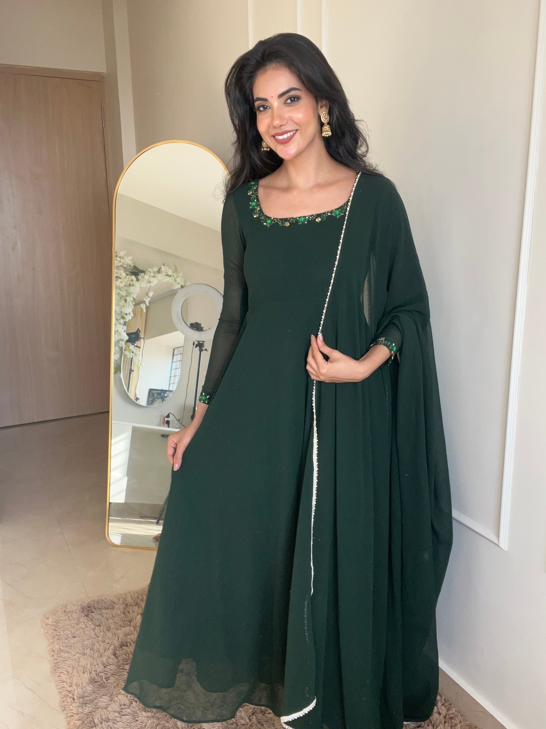Georgette Bottle Green Gown
