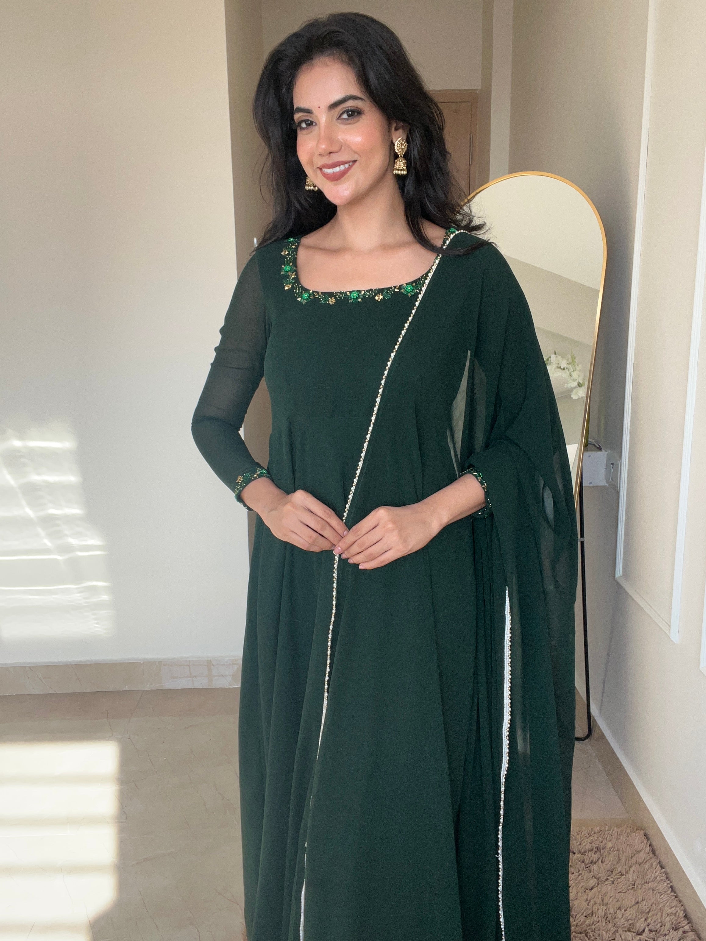 Georgette Bottle Green Gown