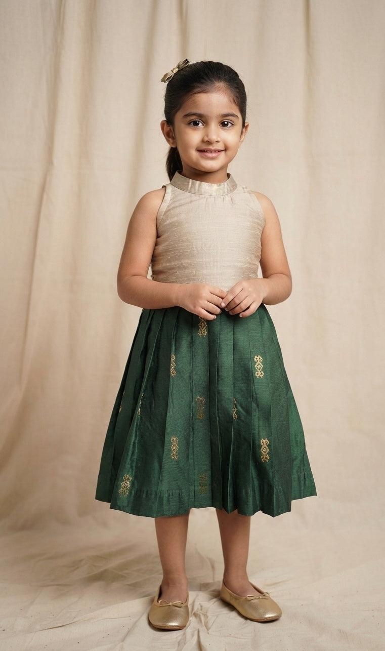 Green and Oyster Grey Raw Silk Kid Frock