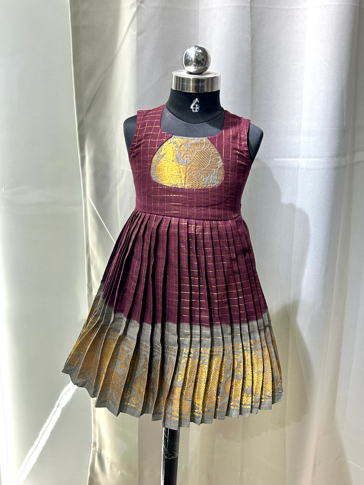 Maroon Grey Sungudi Cotton Kid Frock