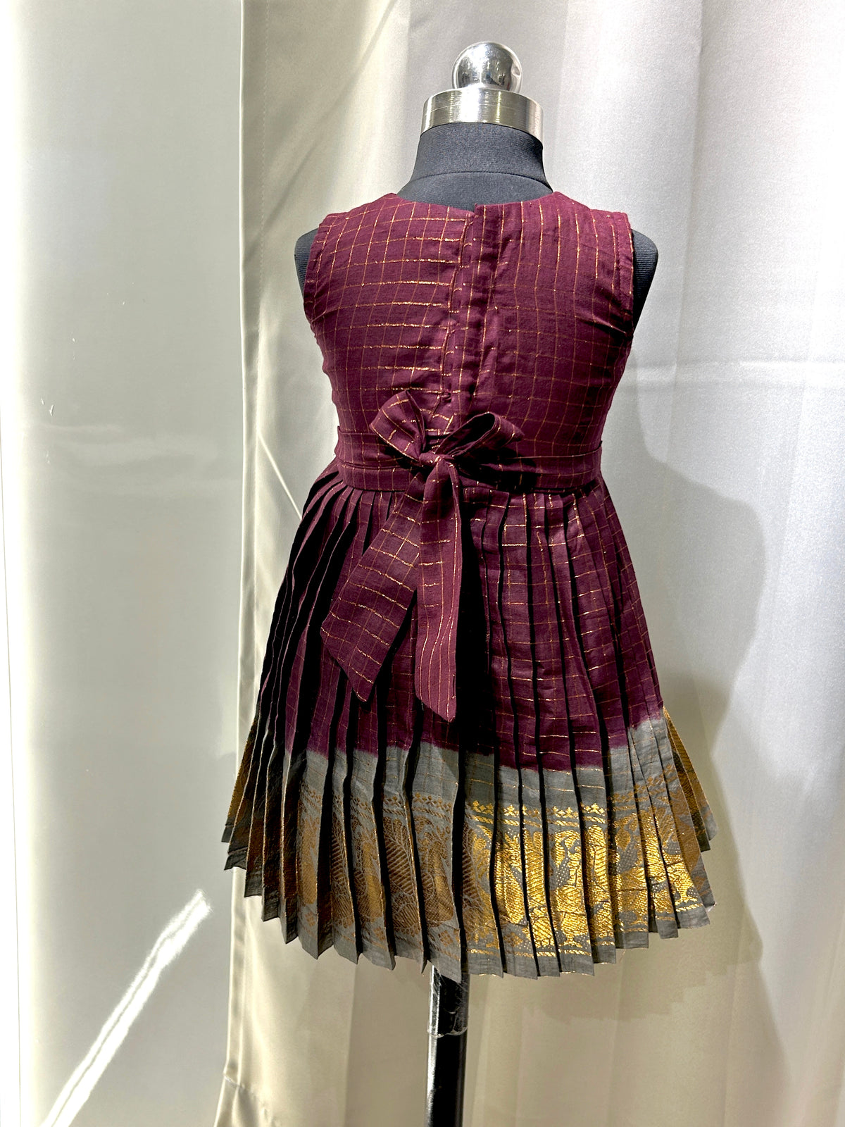 Maroon Grey Sungudi Cotton Kid Frock