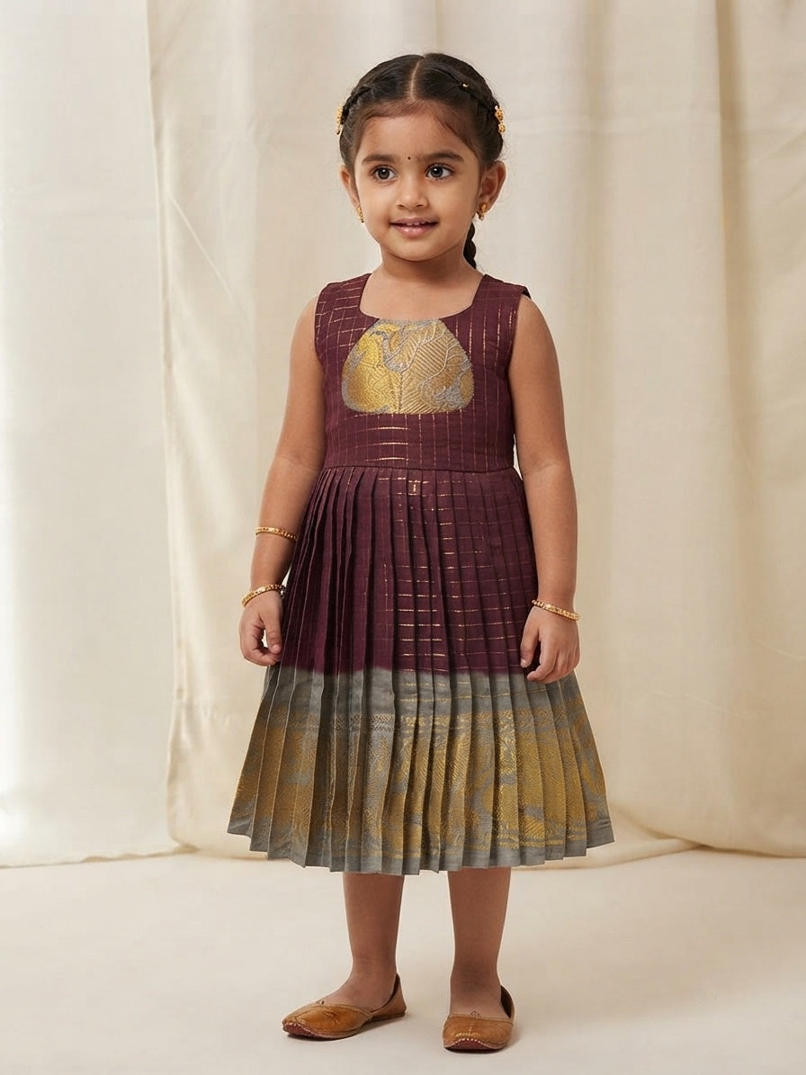 Maroon Grey Sungudi Cotton Kid Frock