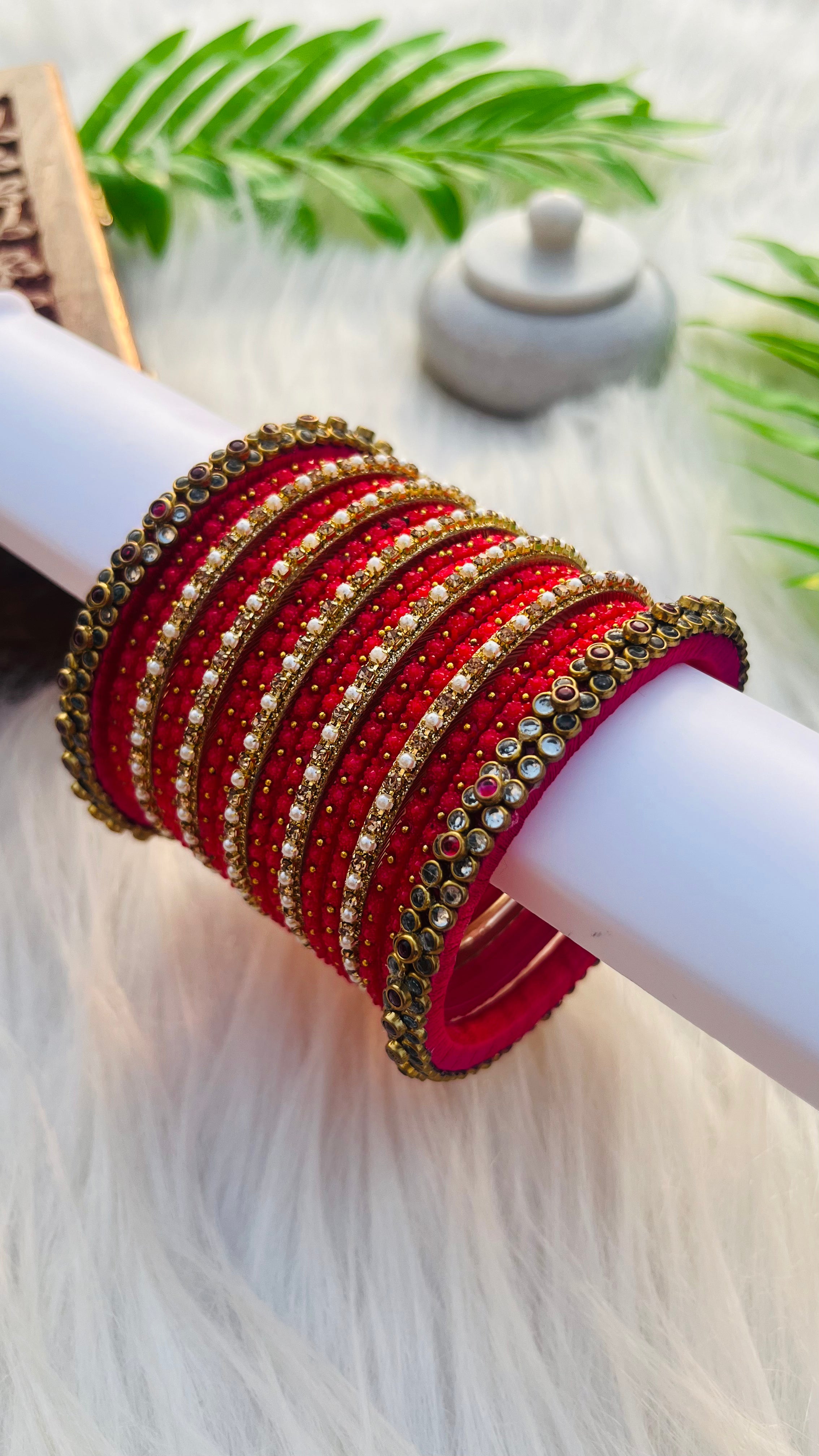 ANIKSHYA HANDMADE WHITE PINK KUNDAN BANGLE AND PINK GLASS BANGLE GOLD WHITE PEARL METAL BANGLE VH039
