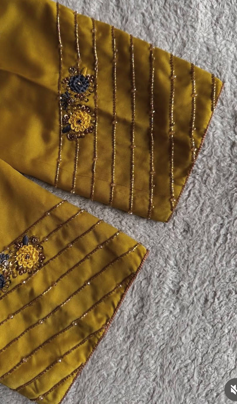 Mustard Yellow Floral Hand Embroidery Designer Blouse