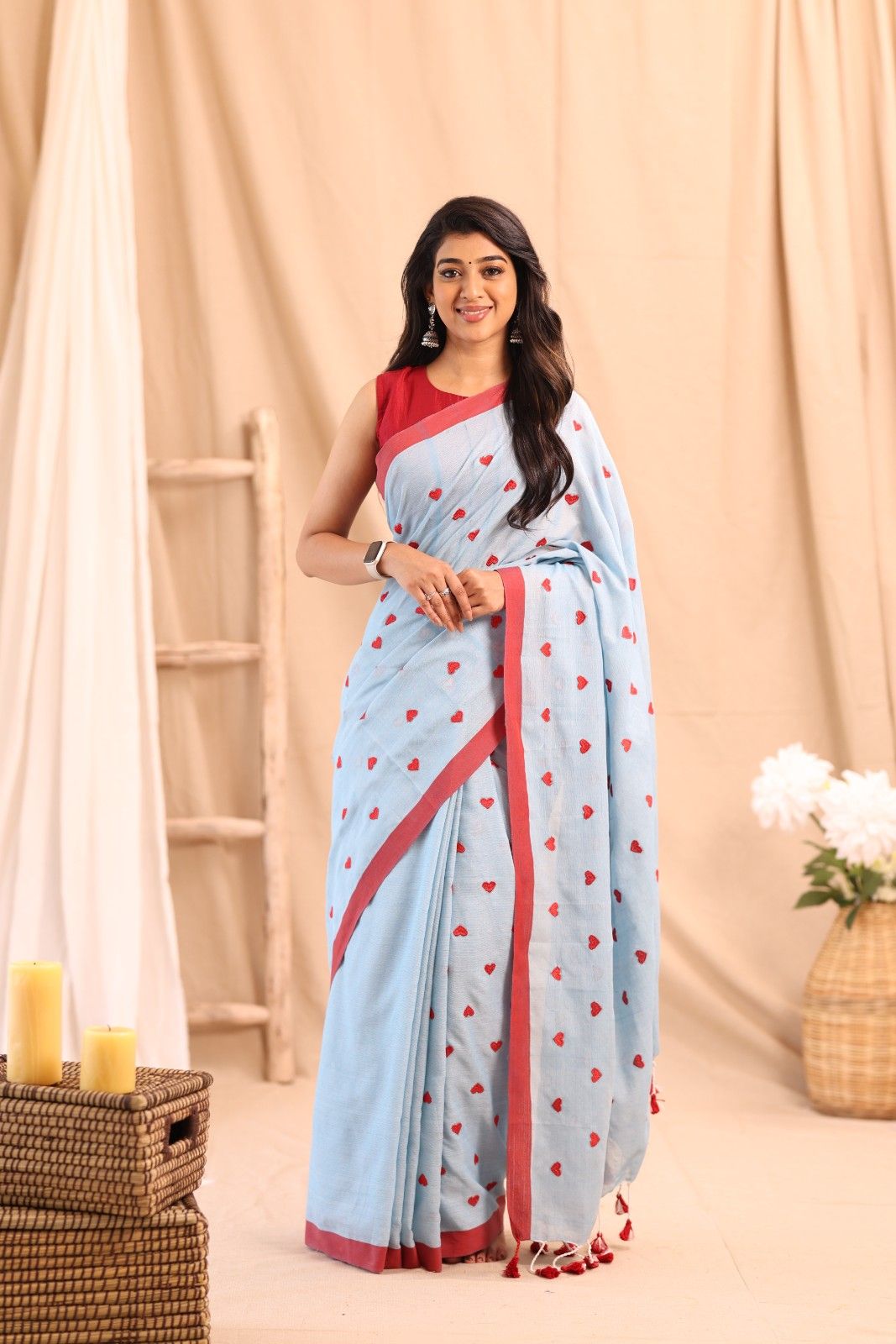 Anikshya Mul Cotton Skyblue with Miniheartprint saree