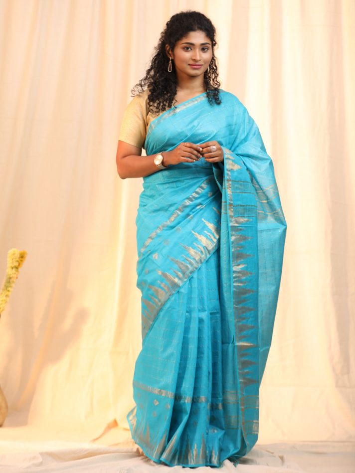 Anikshya Blue Kota Viscose Silk saree with Temple Border