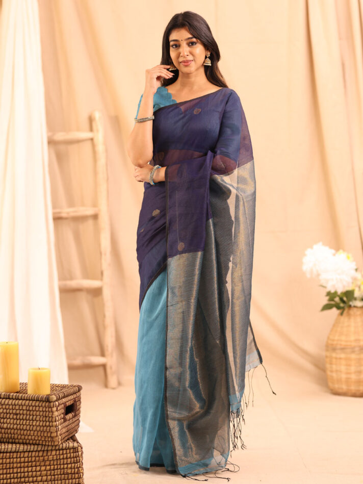 Anikshya Copper sulphate Blue and Royal Blue Half Muslin saree