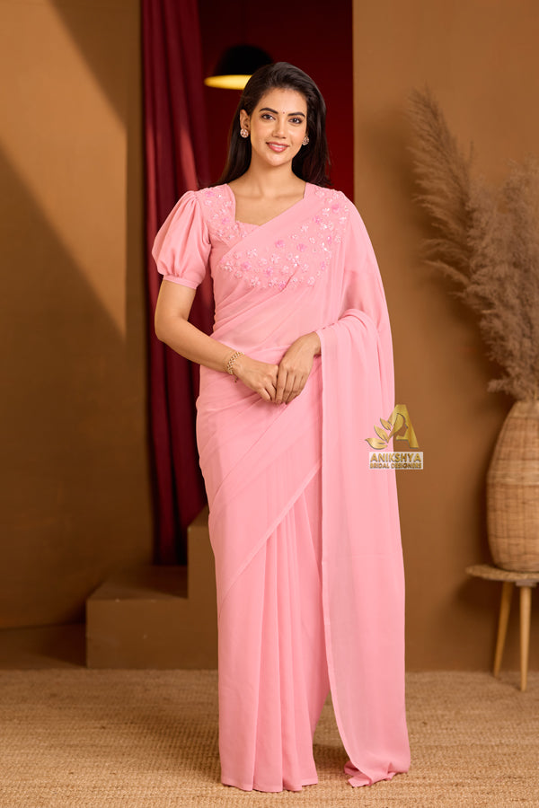 Flamingo Light Pink Handwork Georgette saree