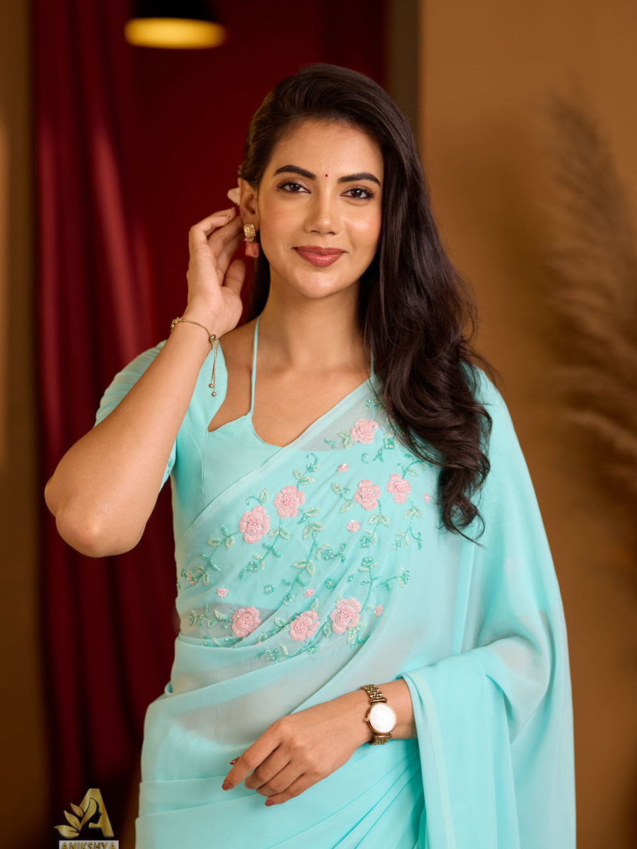 Vaanam Light Blue Georgette Handwork saree