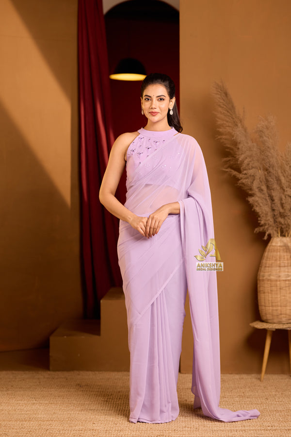 Kurinji Lilac Handwork Georgette saree