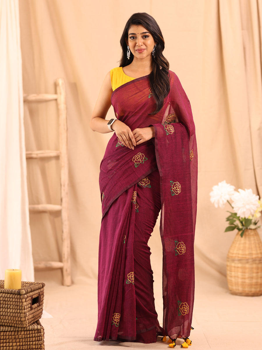 Anikshya Mul Cotton Wine Embroidered Saree