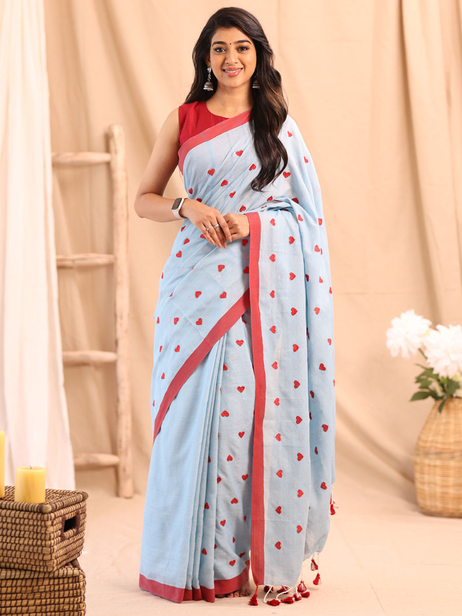 Anikshya Mul Cotton Skyblue with Miniheartprint saree