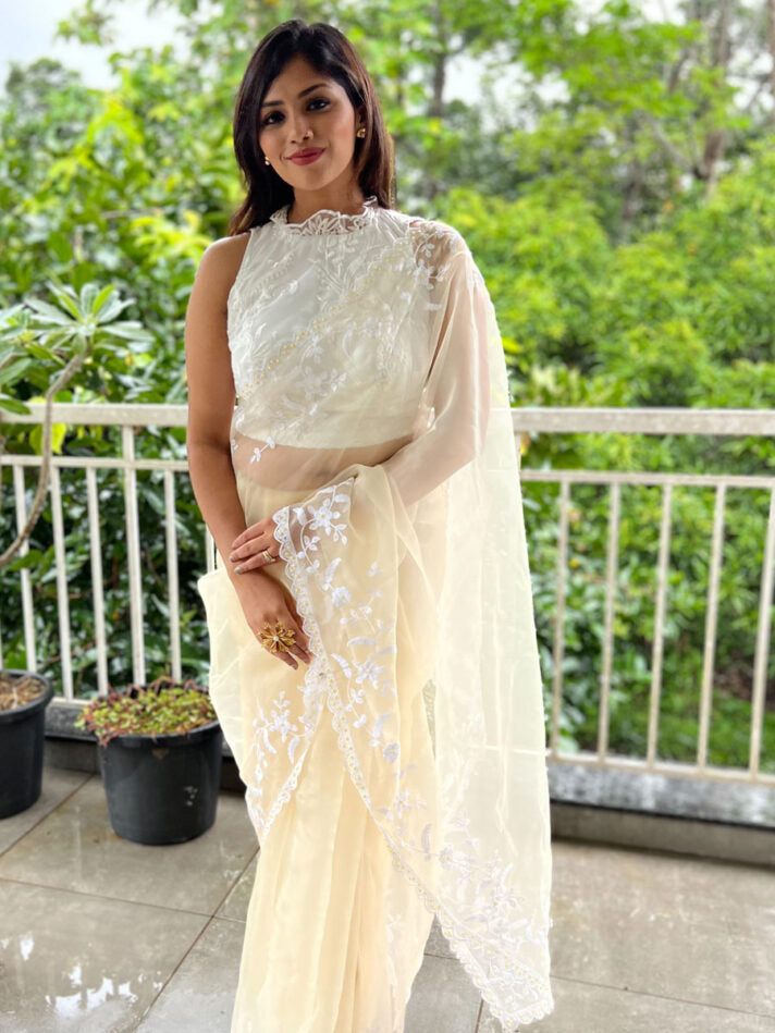 Anikshya Off-White Organza Embroidery Saree