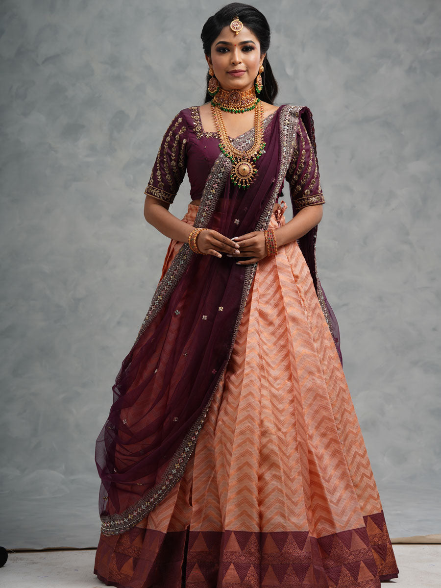 Anikshya Pleated Lehenga with Wine Handwork Blouse and Dupatta