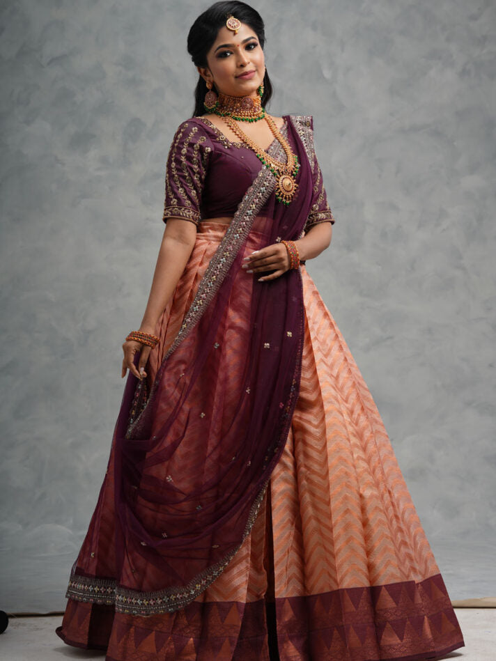 Anikshya Pleated Lehenga with Wine Handwork Blouse and Dupatta