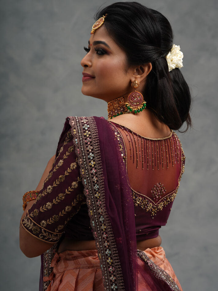 Anikshya Pleated Lehenga with Wine Handwork Blouse and Dupatta