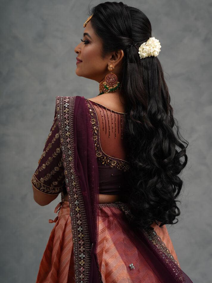 Anikshya Pleated Lehenga with Wine Handwork Blouse and Dupatta