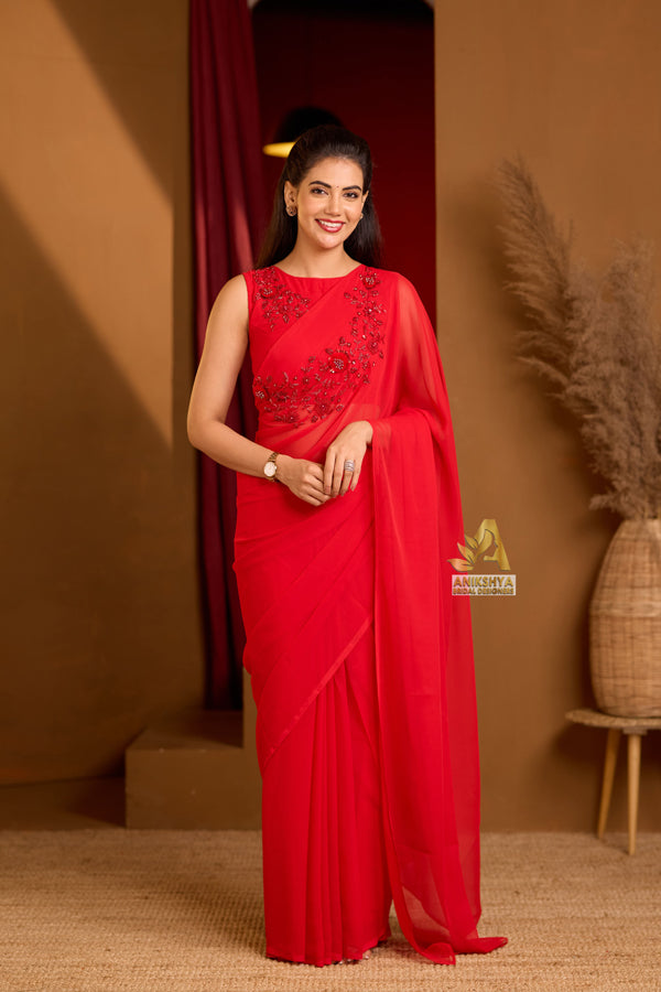 Cherry Red Handwork Georgette saree