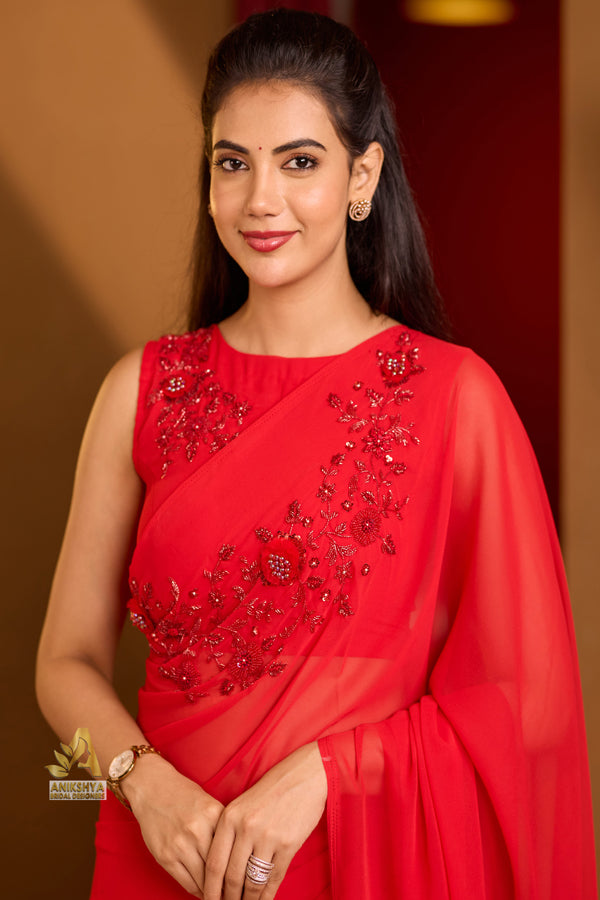 Cherry Red Handwork Georgette saree