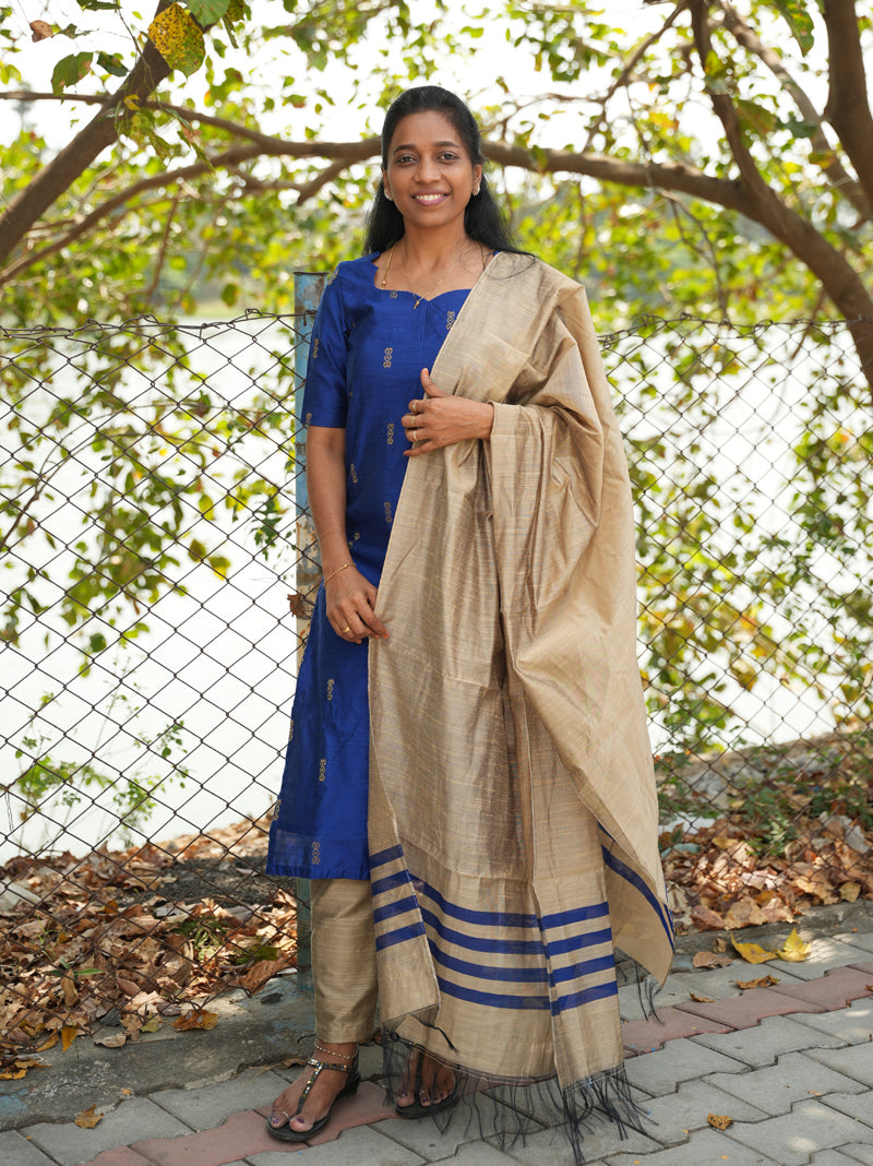Unstitched raw silk salwar suit - Royal Blue