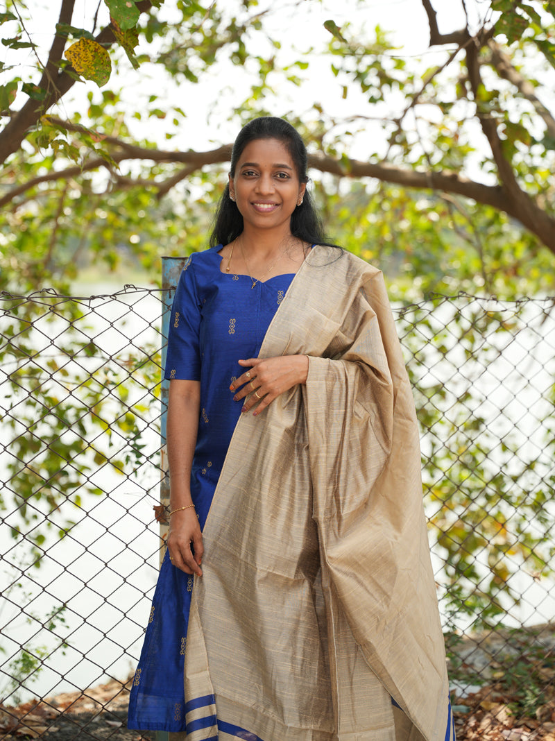 Unstitched raw silk salwar suit - Royal Blue