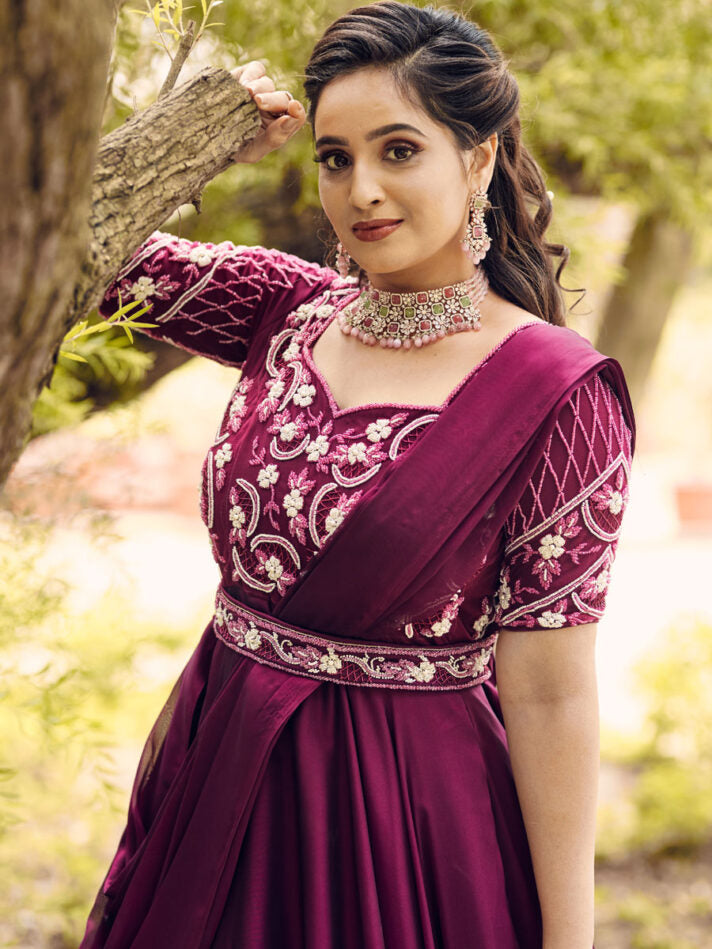 Anikshya Wine circular Indo western Bridal Gown