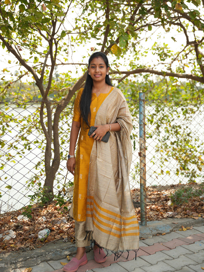 Unstitched raw silk salwar suit - Yellow
