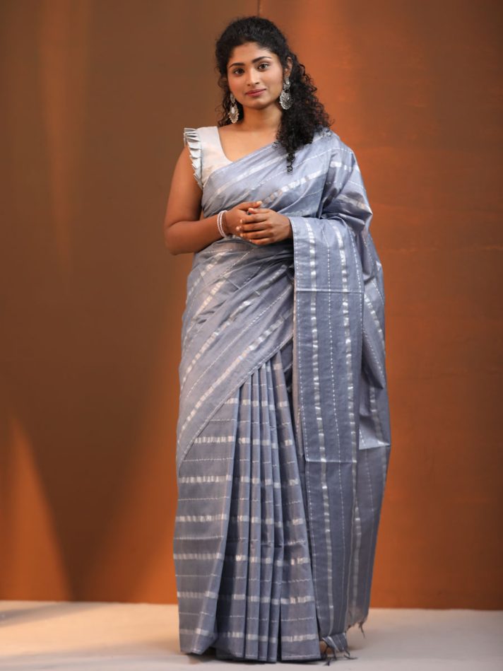 Anikshya Ash Kota Viscose Silk saree with silver stripes