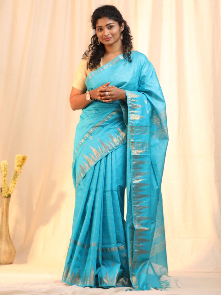 Anikshya Blue Kota Viscose Silk saree with Temple Border