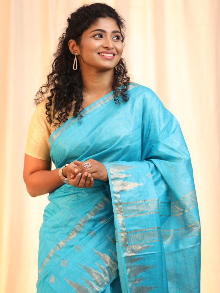 Anikshya Blue Kota Viscose Silk saree with Temple Border