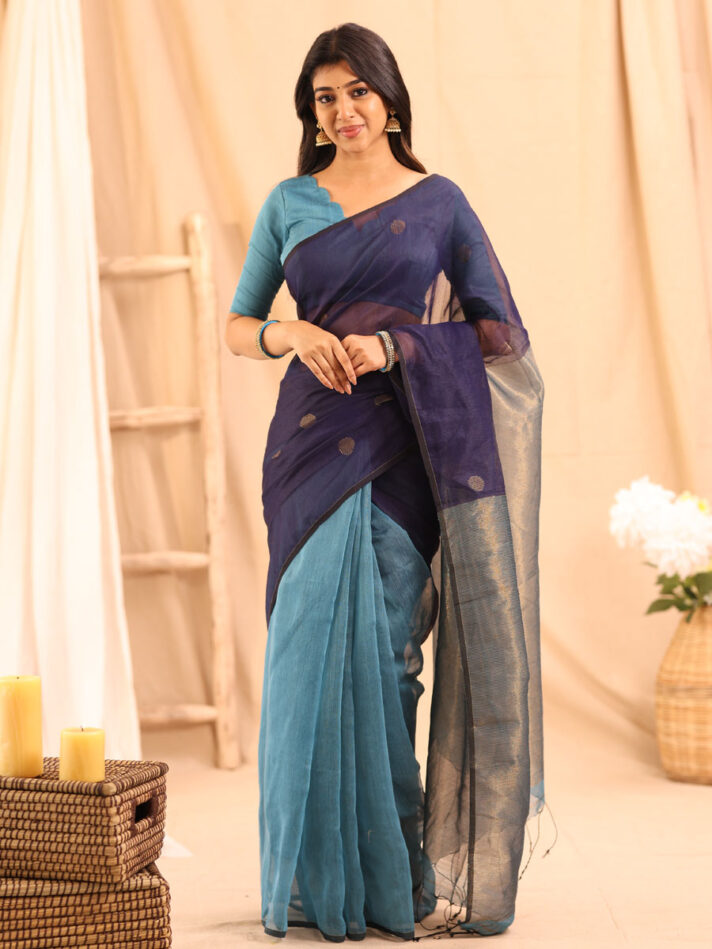 Anikshya Copper sulphate Blue and Royal Blue Half Muslin saree